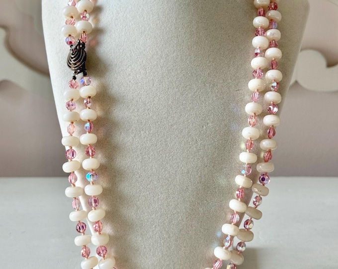 Vintage Vogue White Acrylic and Pink AB Crystal Beaded Necklace 25"
