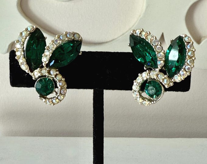 Vintage Bogoff Silver Tone Emerald Green Marquise and AB Earrings Clip-On