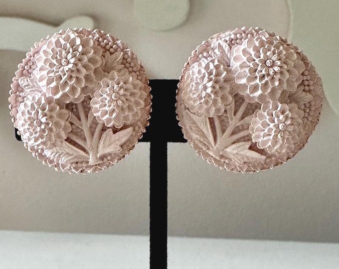 Vintage Pink Dahlias Celluloid Earrings Clip-On Unsigned