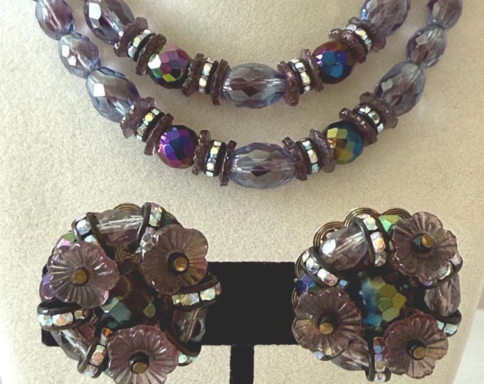 Vintage Hobe Lavender, Purple, Blue, and Green Beaded Necklace + Earrings
