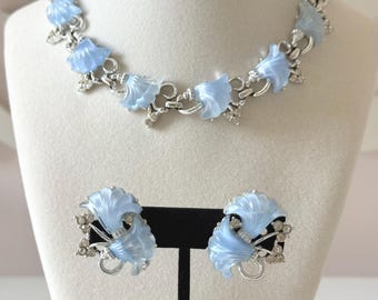 Vintage Corocraft Silver Tone Baby Blue Molded Glass Floral Necklace + Earrings