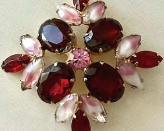 Vintage Pink Givre Glass and Deep Red Rhinestone Brooch Unsigned 2 1/2"