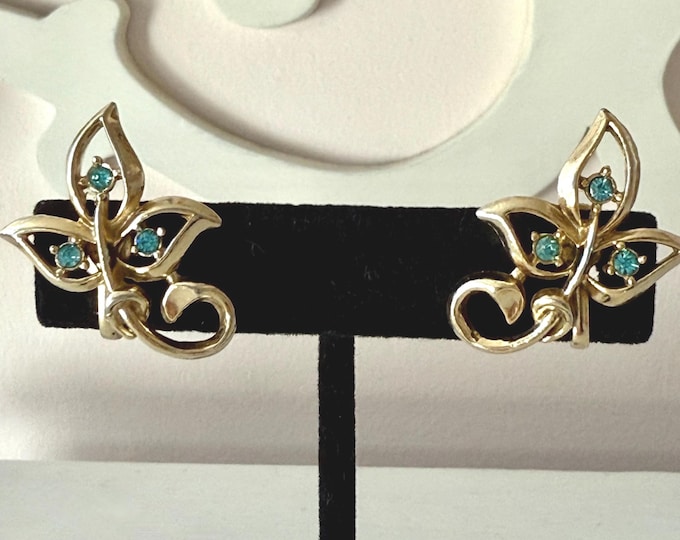 Vintage Gold Tone Leaf Earrings with Aqua Rhinestones Unsigned