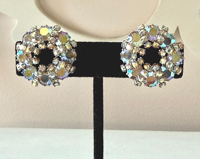 Vintage Weiss Silver Tone AB Rhinestone Wreath Earrings