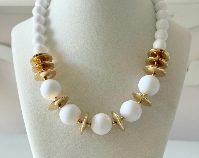 Vintage Monet White Acrylic Beaded Necklace with Polished Gold Tone Discs 17"