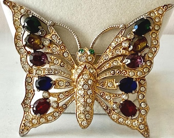 Vintage 1940s Unsigned Staret Gold Tone Multicolor Rhinestone Brooch 3 3/4"