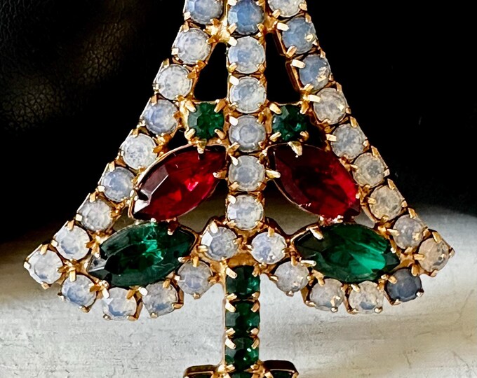 Vintage Hobe Christmas Tree Brooch with Red and Green Marquise 2"