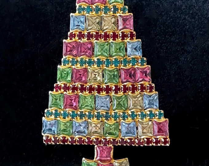Vintage Dominique Pastel Rhinestone Christmas Tree Brooch 2 7/8"