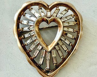 Vintage Trifari 1950 Gold-Plate and Baguette Heart-Shaped Brooch