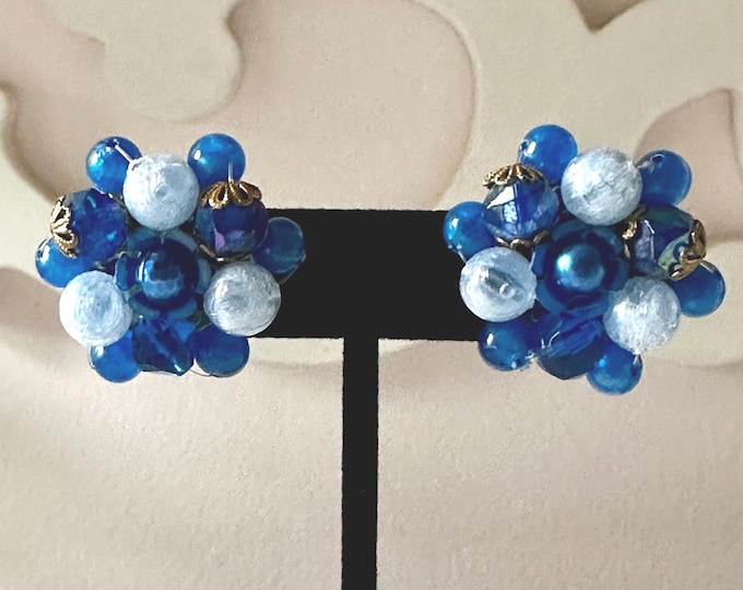 Vintage West Germany Shades of Blue Plastic Beaded Earrings Clip-On