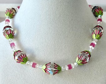 Vintage Vendome AB Crystal and Pink and Green Enamel Choker Necklace 17"