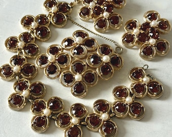 Vintage 1950s Bogoff Gold Tone Citrine Rhinestone Faux Pearl Brooch + Bracelet + Earrings