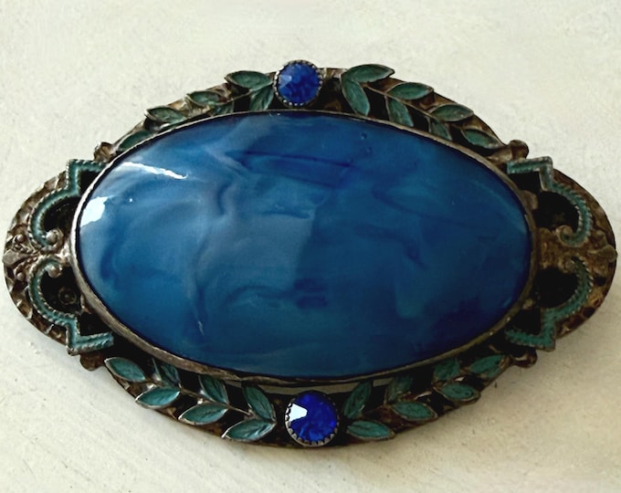 Antique Victorian Sterling Silver and Blue Czech Glass Brooch