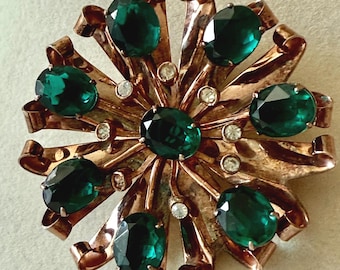 Vintage Sterling Brooch and Pendant with Large Green Rhinestones Unsigned