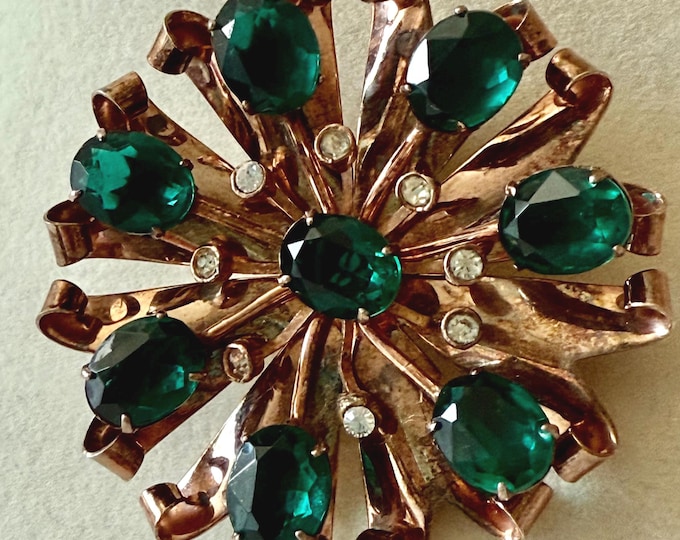 Vintage Sterling Brooch and Pendant with Large Green Rhinestones Unsigned