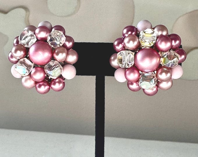 Vintage Shades of Acrylic Pink Beads and AB Crystal Earrings Made in Japan