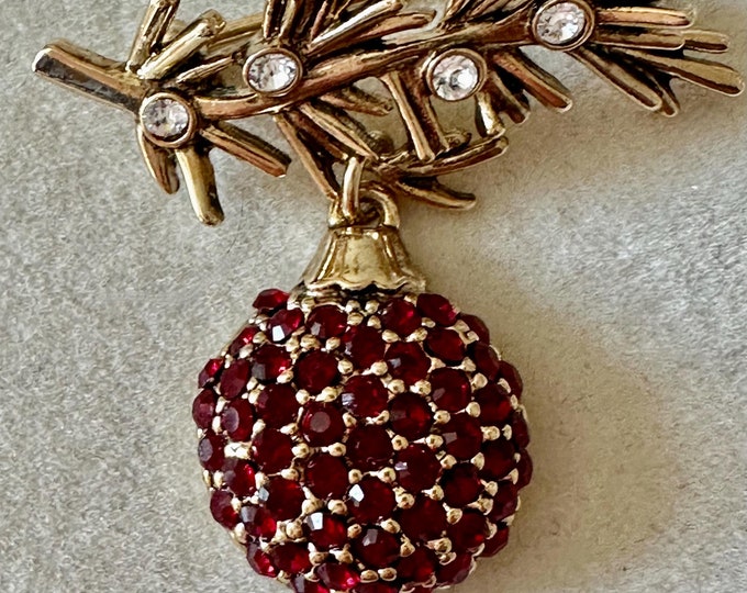 Vintage Monet Red Ornament On Branch Brooch in Original Box