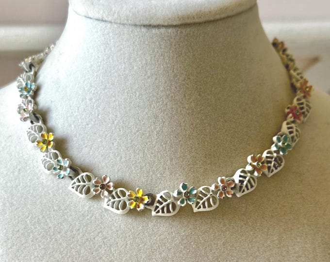 Vintage Enamel White Leaf and Pastel Flower Necklace Unsigned 18"