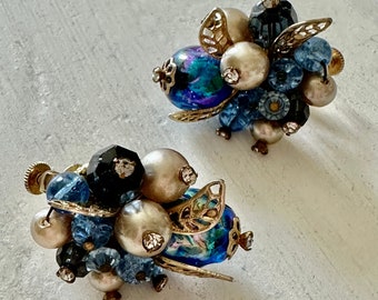 Vintage Vendome  Blue Beaded Earrings Art Glass Faux Pearls Silver Tone