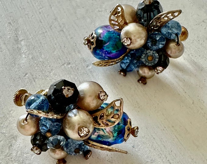 Vintage Vendome  Blue Beaded Earrings Art Glass Faux Pearls Silver Tone