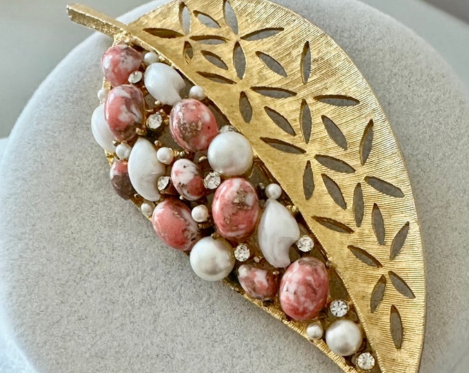 Vintage BSK Brushed Gold Tone Art Glass Faux Pearl Leaf Brooch