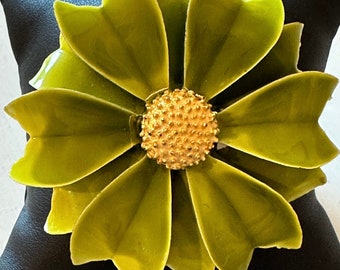 Vintage Green Enamel Layered Floral Brooch 2 3/8" Unsigned