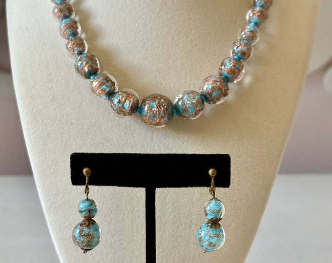 Vintage Venetian Italian Glass Sommerso Beaded Necklace + Dangle Earrings