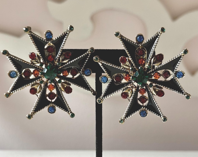 Vintage Jay Feinberg (Jay Strongwater) Maltese Cross Earrings Clip-On Unsigned
