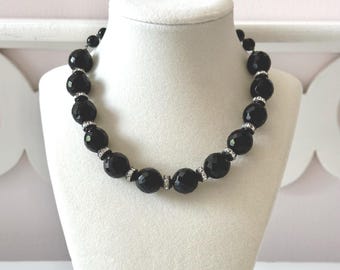 Vintage French Jet Faceted Bead Necklace 17" Unsigned