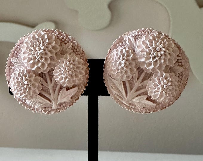Vintage Pink Dahlias Celluloid Earrings Clip-On Unsigned