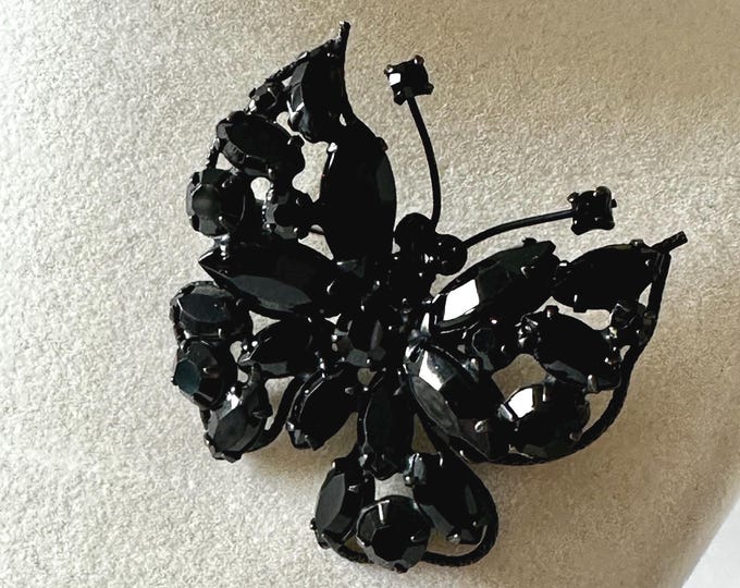 Vintage Regency Black Rhinestone Butterfly Brooch with Japanned Finish