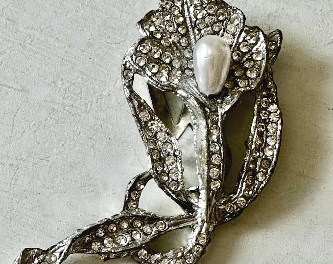 Vintage 1930s Pot Metal Rhinestone Faux Pearl Floral Dress Clip Book Piece