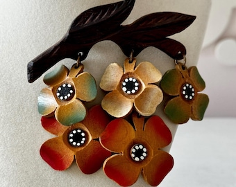 Vintage 1950s Large Wooden Brooch of Dangling Painted Flowers 3 3/4" Unsigned