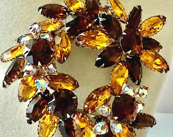 Vintage Rhinestone Floral Brooch in Fall Colors with AB Stones Unsigned