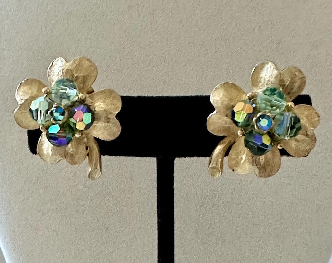Vintage 4-Leaf Clover Gold Tone Green Crystal Earrings Clip-On