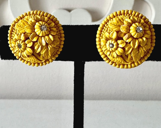 Vintage Mustard Yellow Carved Celluloid Floral Earrings with Rhinestones Unsigned Screw Backs