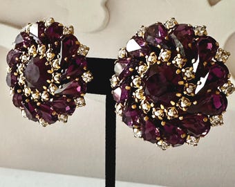 Vintage Gold Tone Purple Glass Faux Pearl Statement Earrings Unsigned 1 3/4"