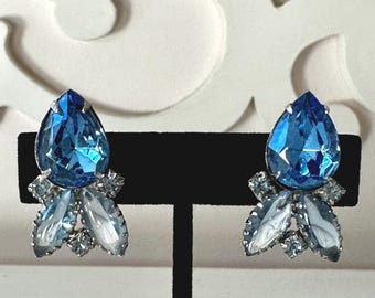 Vintage Earrings with Large Blue Teardrop Stone and Paler Blue Marquises Silver Tone Unsigned