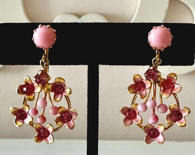 Vintage Austrian Drop Earrings in Gold Tone, Pink Enamel, Pink Peking Glass Beads Screw Back