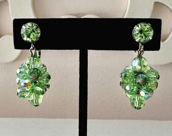 Vintage Green AB Crystal Beaded Drop Earrings 1.5" Unsigned
