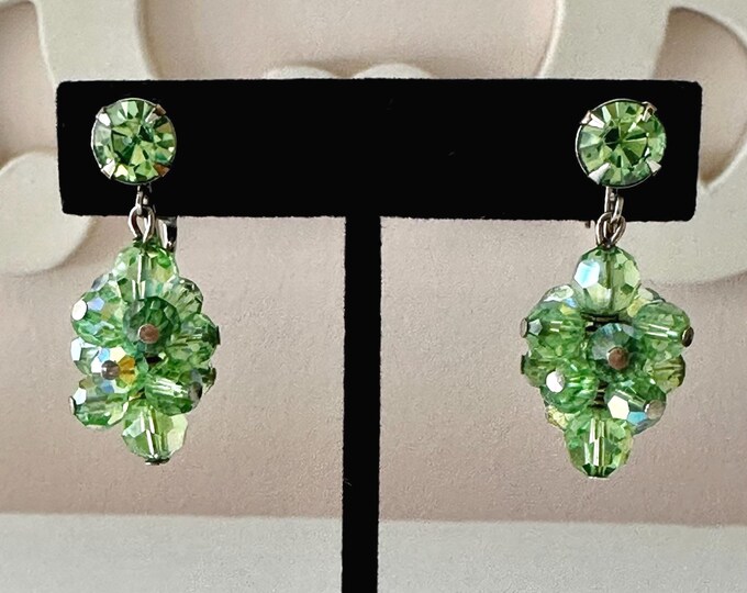 Vintage Green AB Crystal Beaded Drop Earrings 1.5" Unsigned