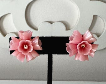 Vintage Pink Acrylic Floral Earrings from Germany (?) Screw Back
