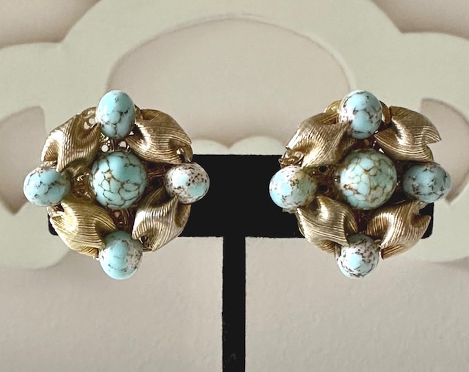 Vintage Hobe Brushed Gold Tone and Aqua Art Glass Beaded Earrings Clip-On