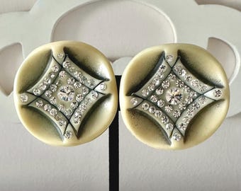 Vintage Large Art Deco Celluloid and Rhinestone Earrings Unsigned 1.5"