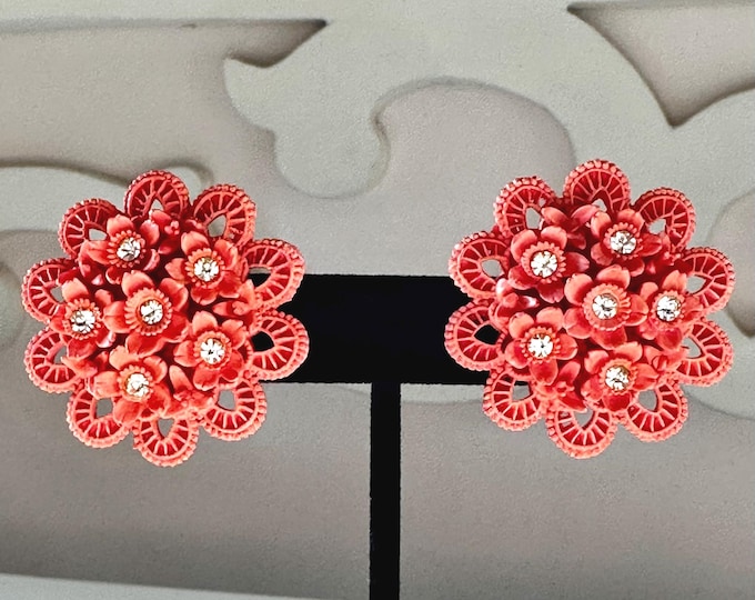 Vintage Celluloid Floral Earrings in Coral Red with Rhinestones Unsigned