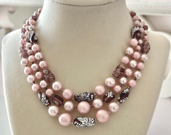 Vintage Pink Matte Beads and Art Glass Triple Strand Necklace from Japan