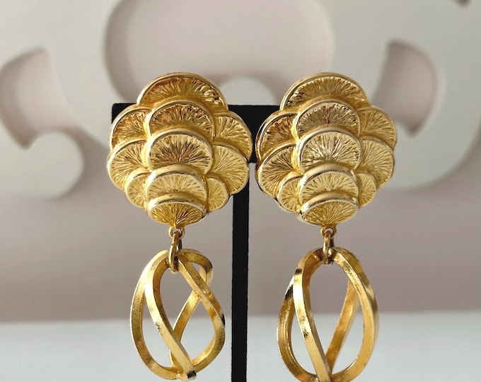 Vintage Phillippe Ferrandis Bright Gold Tone Statement Chandelier Earrings 3"