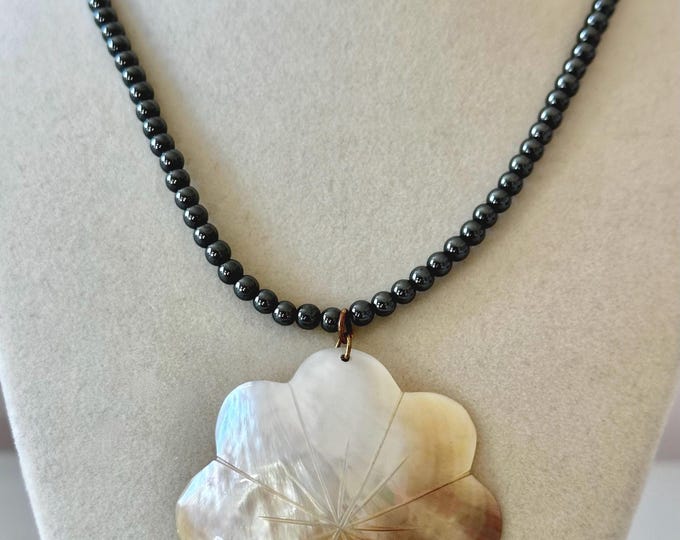 Vintage Beaded Necklace with Carved Mother of Pearl Plumeria Pendant
