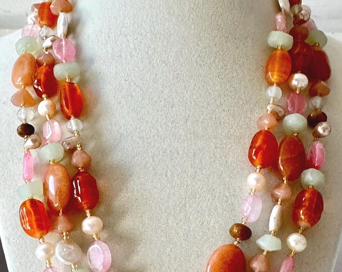 Vintage Triple-Strand Glass Beaded Necklace in Oranges and Pinks Unsigned 19"