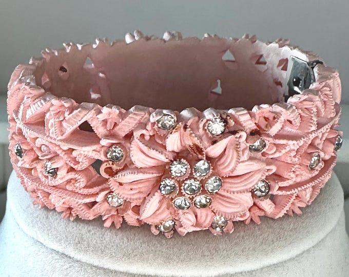 Vintage Carved Pink Celluloid Floral Clamper Bracelet with Rhinestones